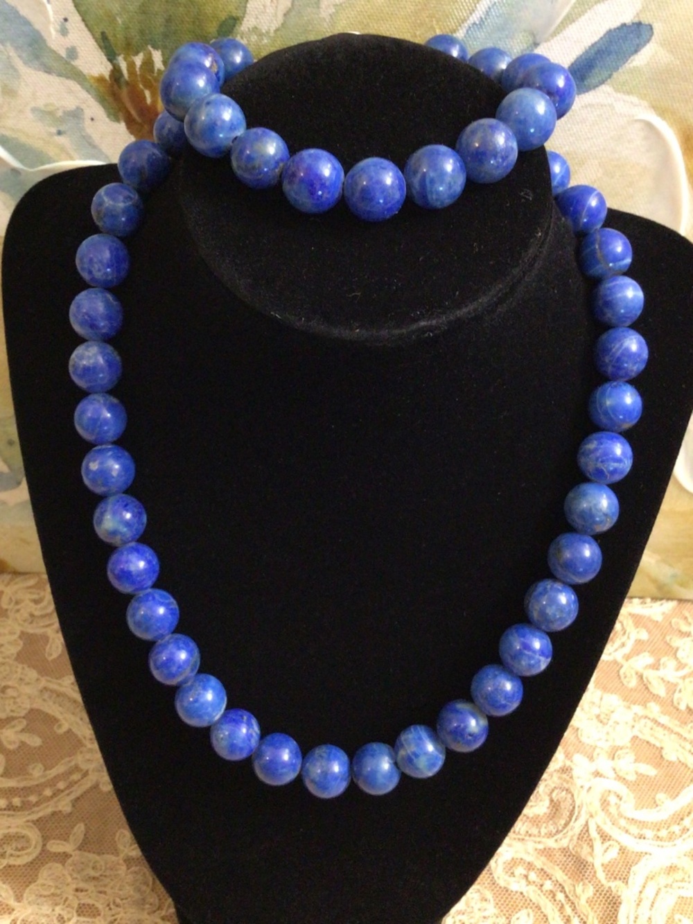 Polished Lapis Lazuli Beaded Necklace and Matching Bracelet Set